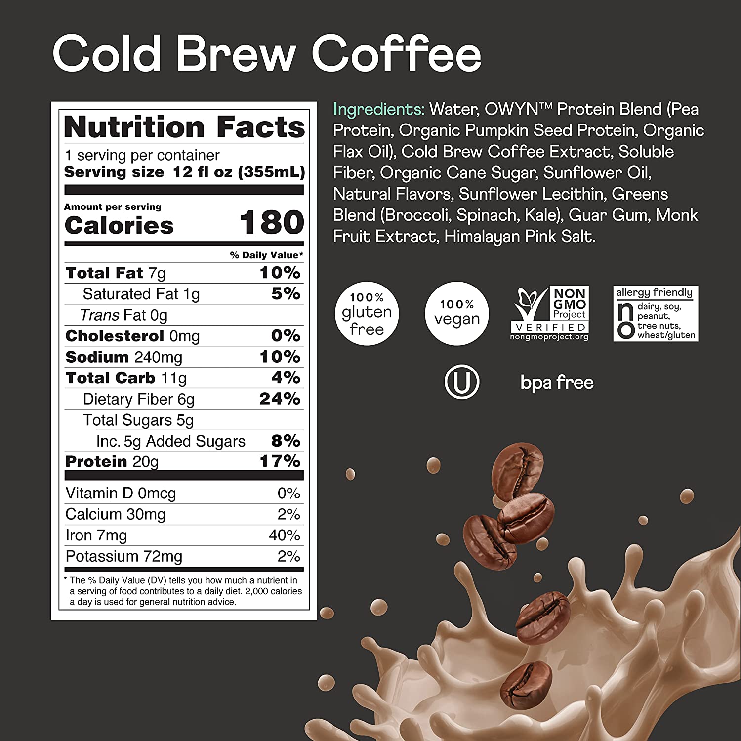 Owyn 100% Vegan Plant-Based Protein Shake, Cold Brew Coffee, 12 Pack, with 20g Plant Protein, Omega-3, Prebiotic Supplements, Superfoods Greens Blend, Gluten-Free, Soy-Free, Non-GMO - Image 5